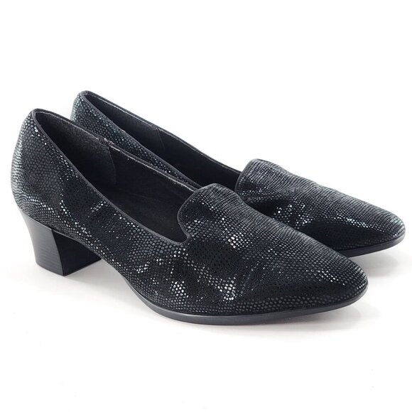 MUNRO Lizard Embossed Suede Leather Loafer Pump Block Heel Black - Picture 1 of 8
